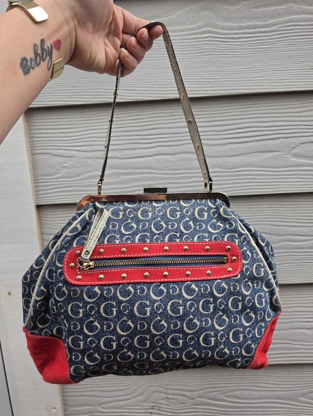 Vtg Y2K Guess Denim Embroidered Hand Bag Boho Chic Festival McBling Cottagecore - Picture 6 of 9